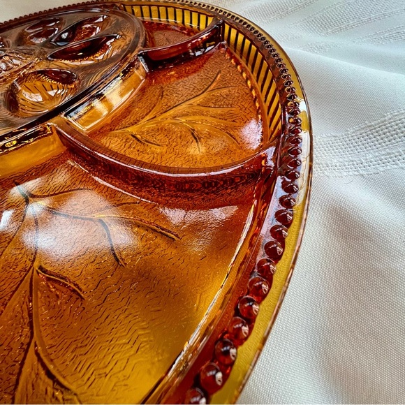 Egg Plate Relish Plate Round Amber Pebble Leaf by Indiana Glass VTG Discontinued - Picture 3 of 11